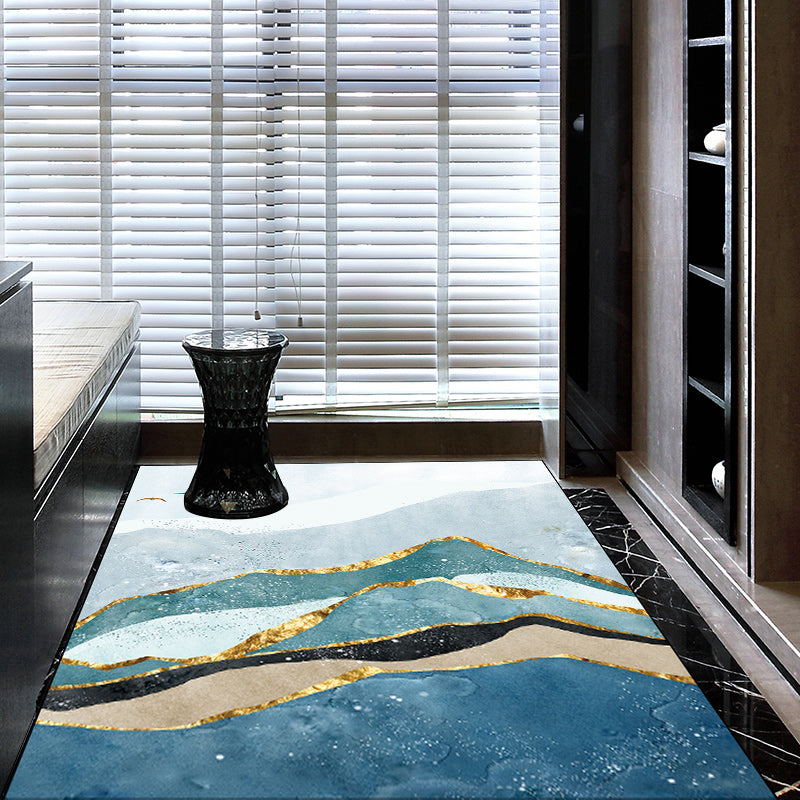 Stylish mountain and bird print rug Blue and Green Modern rug Polyester Washable Non-slip backing Rug for the living room