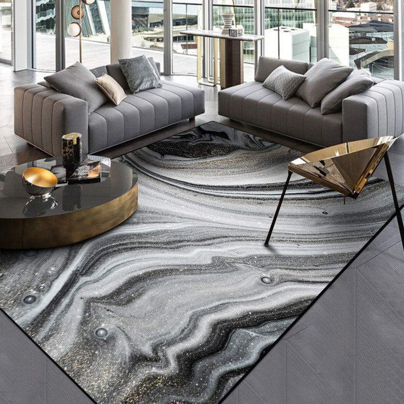 Modern marble surface pattern carpet black and gray polyester carpet washable non-slip backing carpet for the bedroom