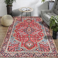 Red Bedroom Rug Moroccan Medallion Flower Pattern Rug Polyester Pet Friendly Non-Slip Back Rug