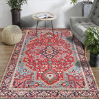Red Bedroom Rug Moroccan Medallion Flower Pattern Rug Polyester Pet Friendly Non-Slip Back Rug