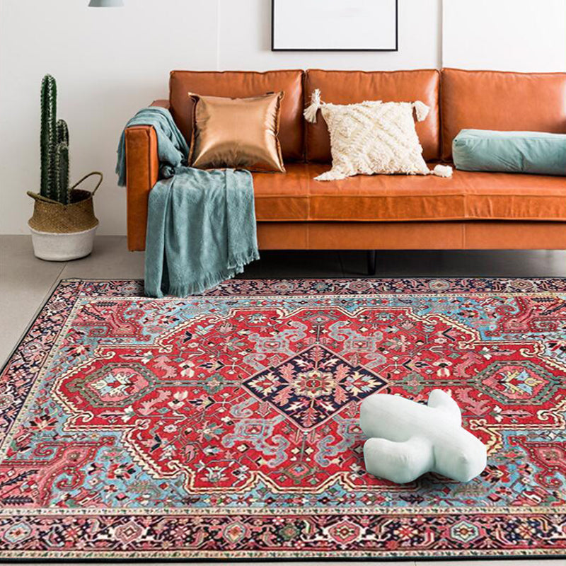 Red Bedroom Rug Moroccan Medallion Flower Pattern Rug Polyester Pet Friendly Non-Slip Back Rug