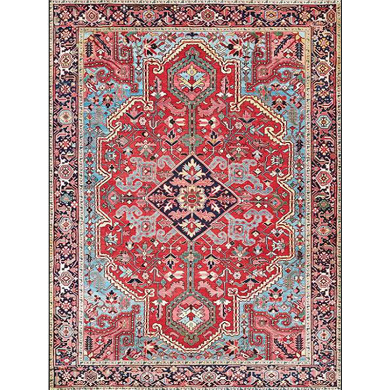 Red Bedroom Rug Moroccan Medallion Flower Pattern Rug Polyester Pet Friendly Non-Slip Back Rug