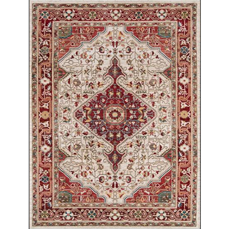 Moroccan Living Room Rug in Red Medallion Flower Pattern Rug Polyester Non-Slip Pet-Friendly Area Rug