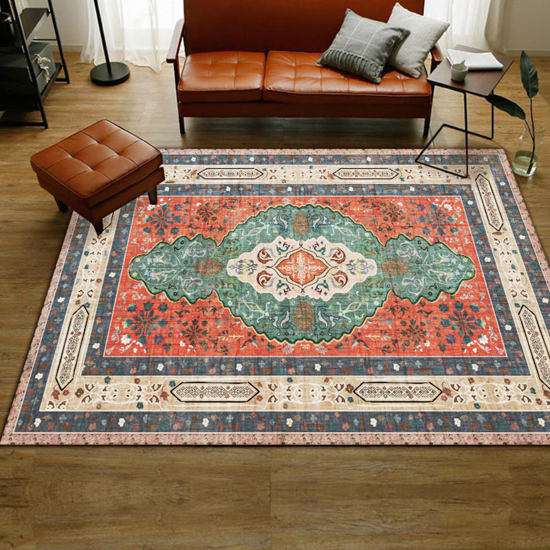 Persian Moroccan rug with orange medallion flower pattern rug polyester washable non-slip rug for home decor