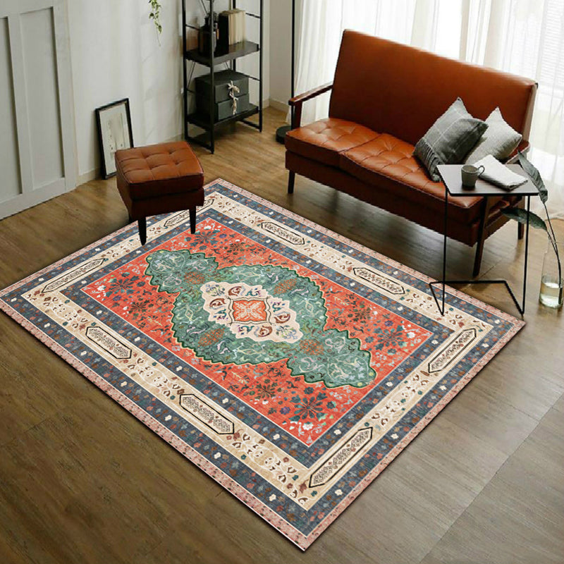 Persian Moroccan rug with orange medallion flower pattern rug polyester washable non-slip rug for home decor