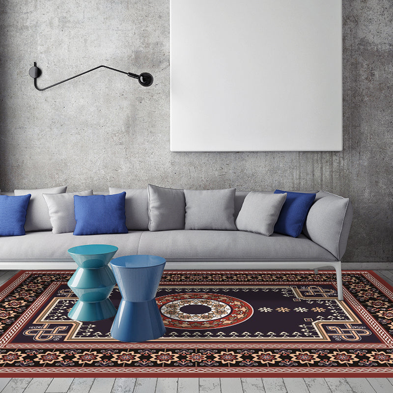 Moroccan Living Room Rug in Brown Medallion Flower Pattern Carpet Polyester Non-slip Washable Rug