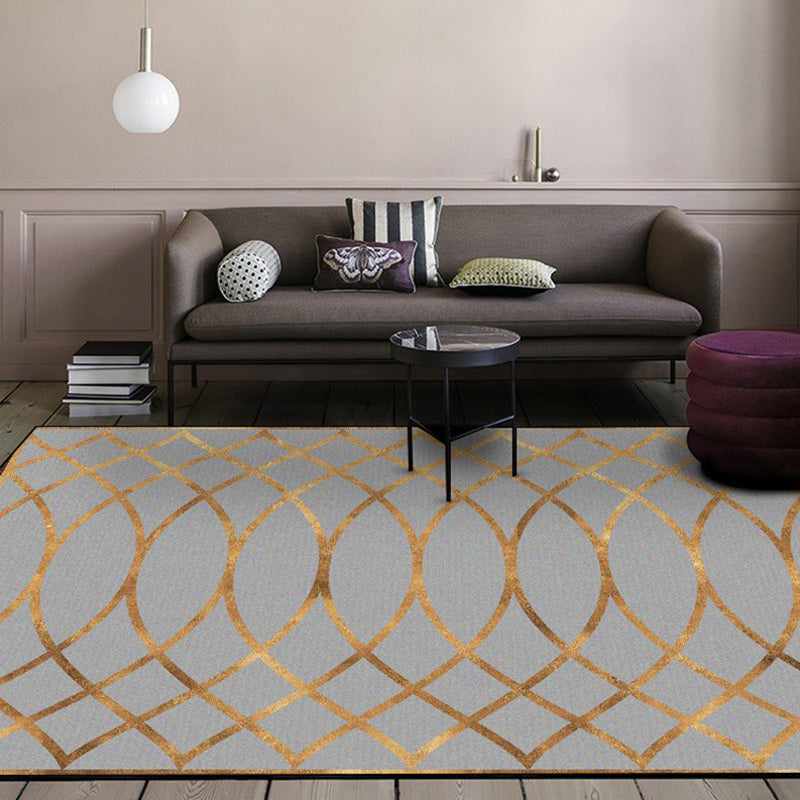 Contemporary geometric pattern rug gray and gold polyester rug machine washable non-slip backing rug for the bedroom