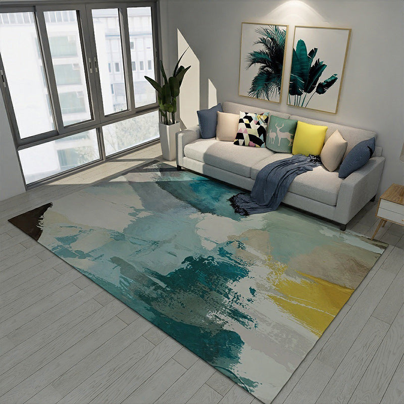 New Brush Stroke Painting Pattern Rug Blue and Yellow Polyester Rug Washable Rug for the Living Room