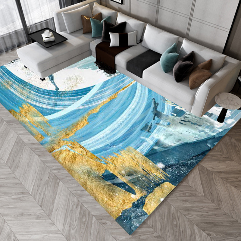 Modern watercolor pattern carpet blue polyester carpet washable non-slip bottom carpet for the living room