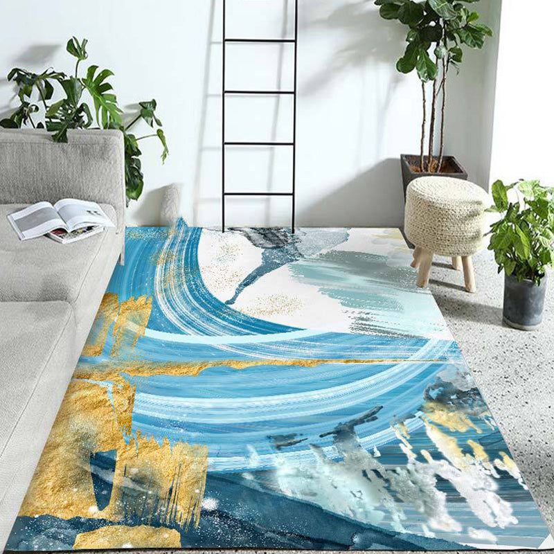 Modern watercolor pattern carpet blue polyester carpet washable non-slip bottom carpet for the living room