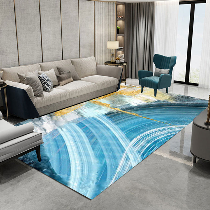 Modern watercolor pattern carpet blue polyester carpet washable non-slip bottom carpet for the living room