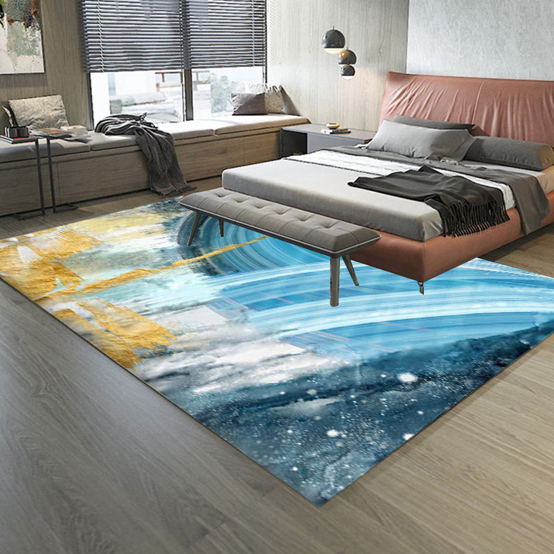 Modern watercolor pattern carpet blue polyester carpet washable non-slip bottom carpet for the living room