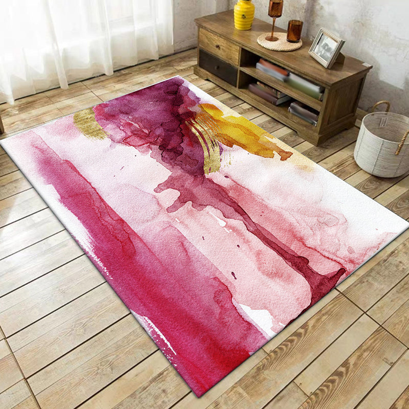 Pink Bedroom Rug Modern Abstract Watercolor Pattern Rug Polyester Stain Resistant Washable Rug