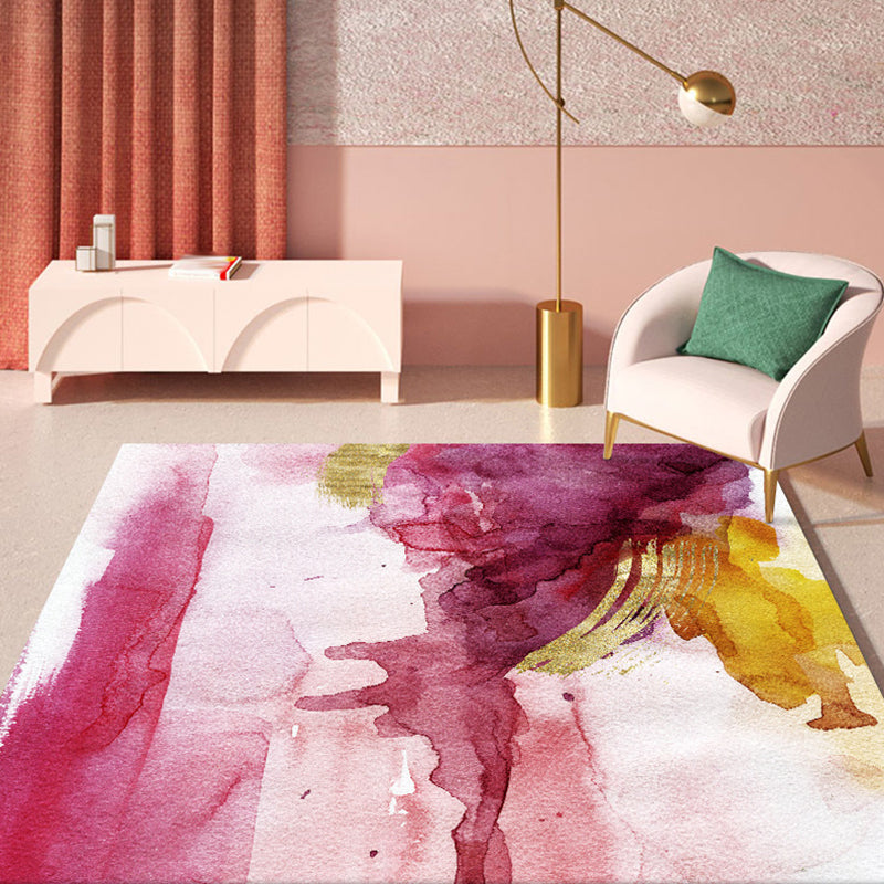 Pink Bedroom Rug Modern Abstract Watercolor Pattern Rug Polyester Stain Resistant Washable Rug
