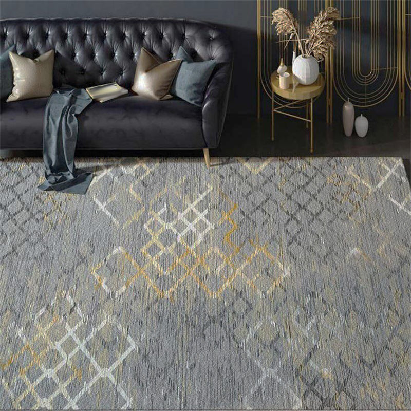 Gray Bedroom Rug Modern Abstract Grid Pattern Area Rug Polyester Stain Resistant Machine Washable Rug