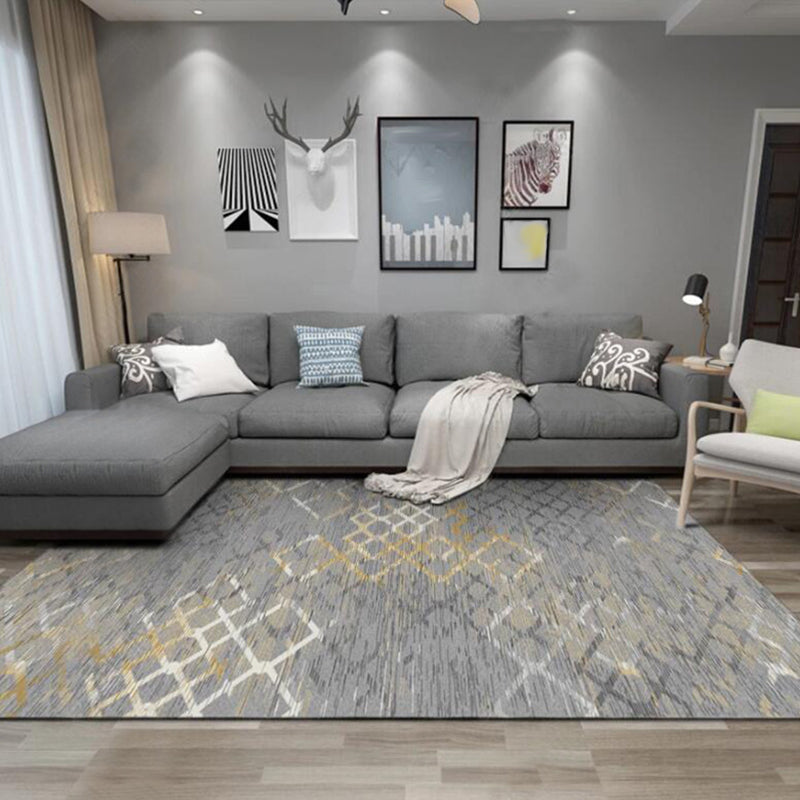 Gray Bedroom Rug Modern Abstract Grid Pattern Area Rug Polyester Stain Resistant Machine Washable Rug