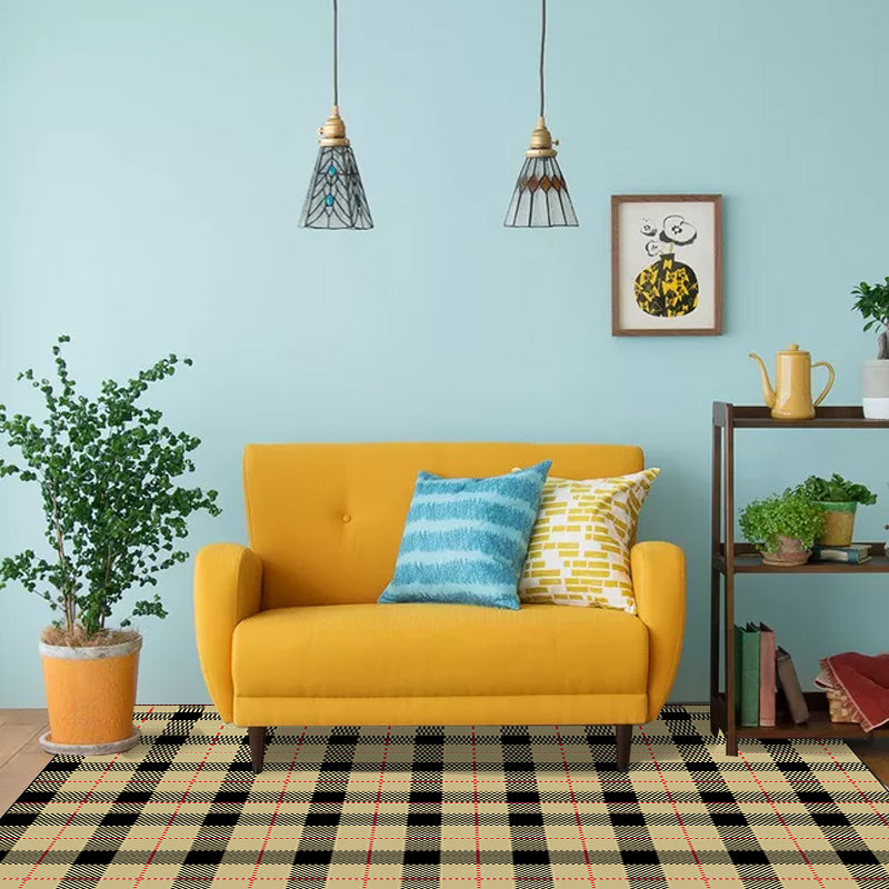 Modern living room carpet in yellow checked dotted line print carpet polyester non-slip backing washable carpet
