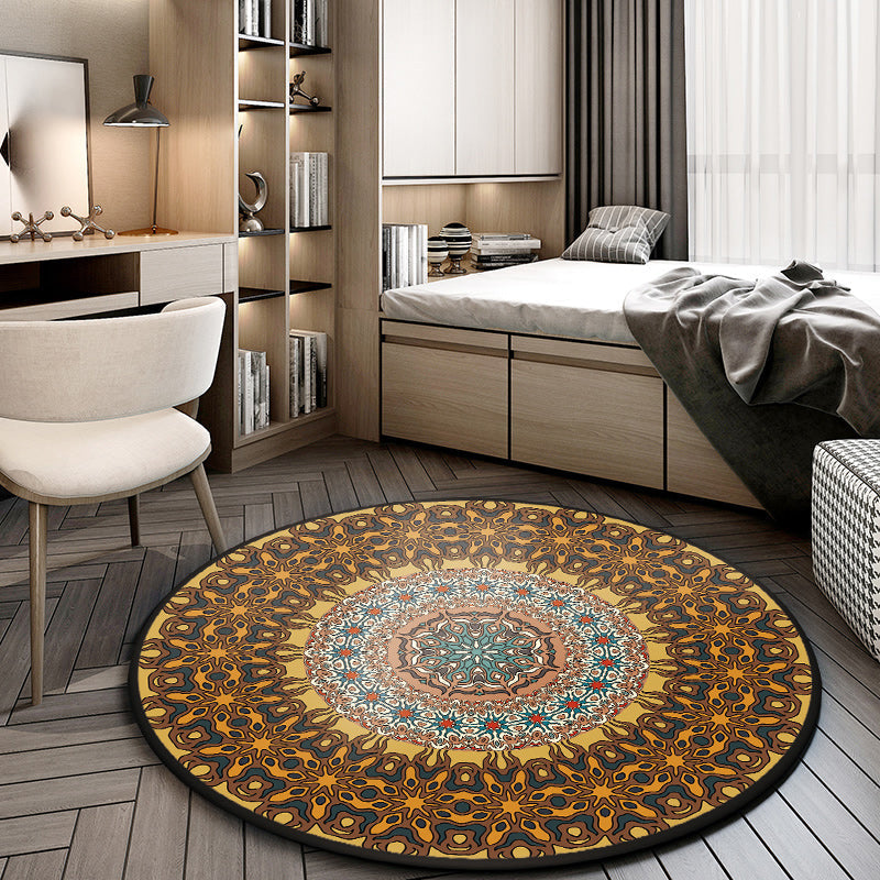 Moroccan living room rug with brown flower circle print rug polyester non-slip machine washable rug