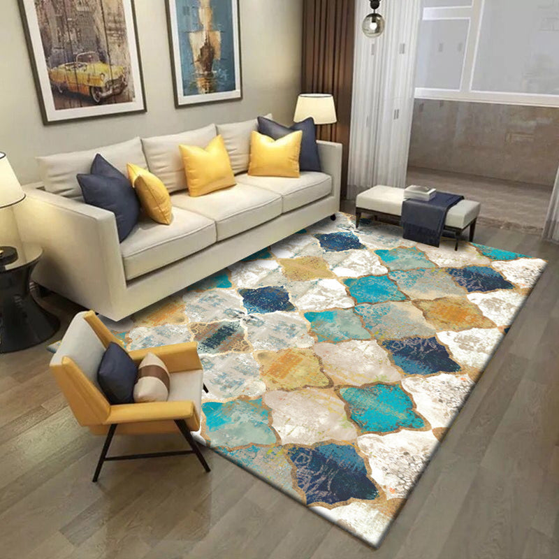 Moroccan Living Room Carpet in Ivory Diamond Pattern Carpet Polymer Non-Slip Back Stain Resistant Area Rug