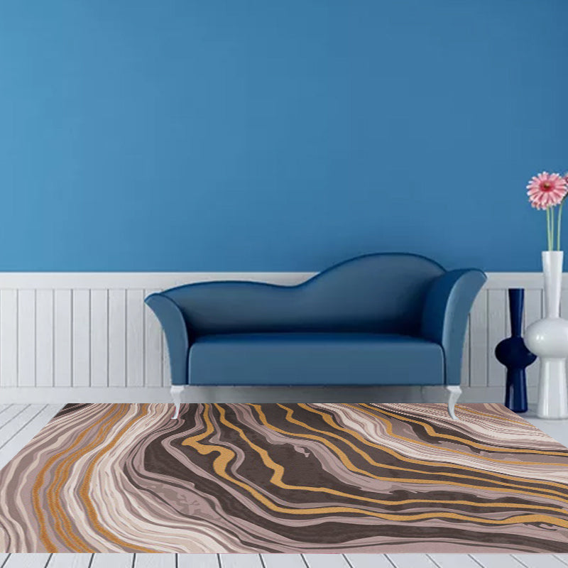 Minimalist modern rug in brown, abstract curved line pattern rug polyester washable non-slip rug for home decor
