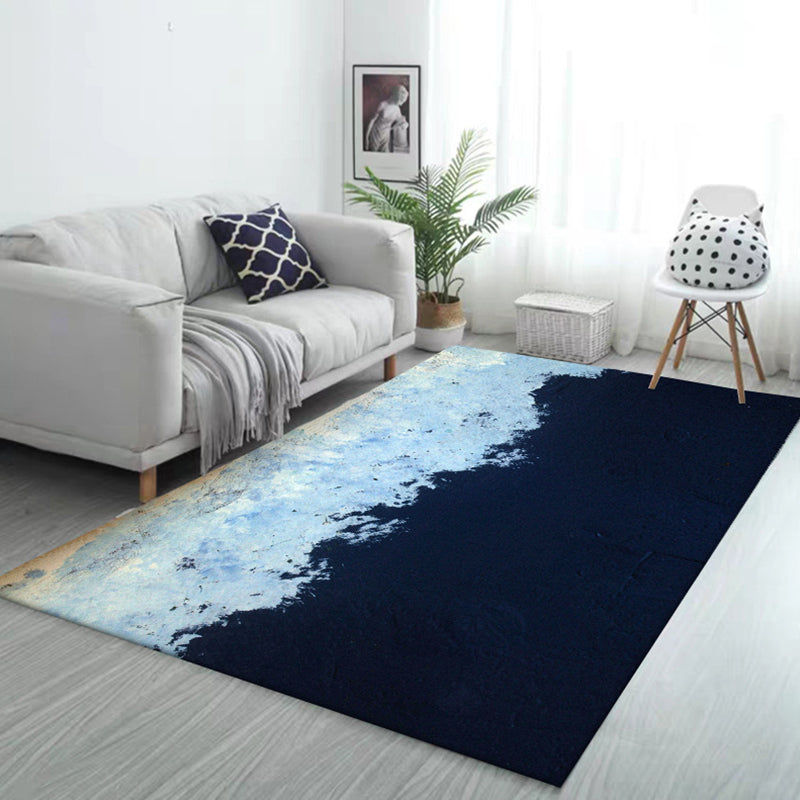 Modern living room rug in blue abstract painting color block printed rug polyester washable non-slip backing rug for the area