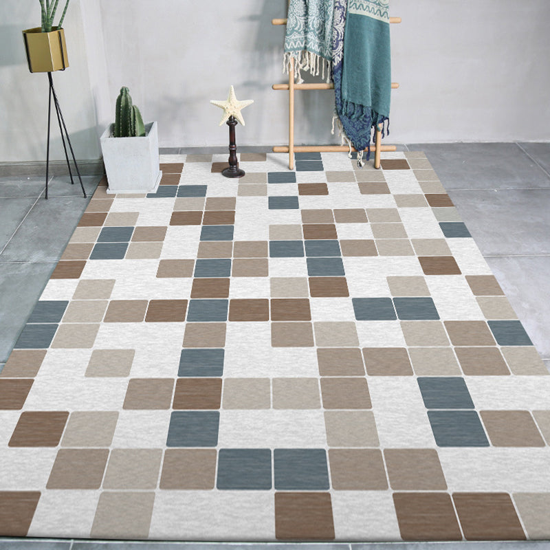 Minimalist Modern Rug in Ivory Check Pattern Rug Polyester Washable Non-Slip Rug for Home Decor