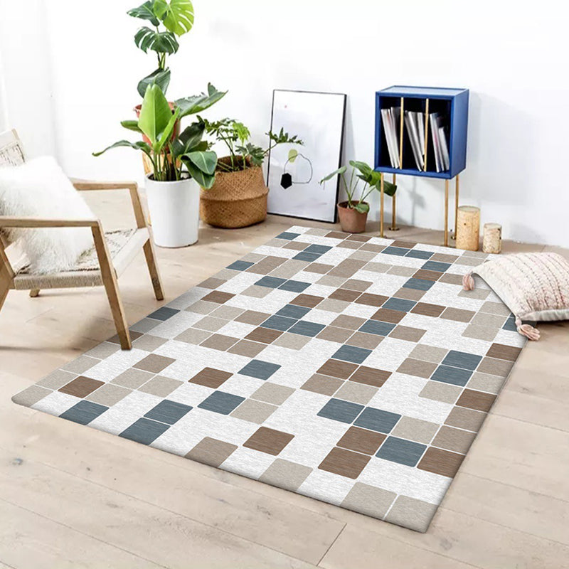 Minimalist Modern Rug in Ivory Check Pattern Rug Polyester Washable Non-Slip Rug for Home Decor