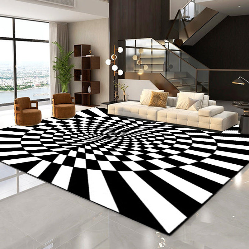 Novelty Living Room Rug in Black and White 3D Circle Stripe Pattern Rug Polyester Pet-Friendly Washable Rug