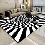 Novelty Living Room Rug in Black and White 3D Circle Stripe Pattern Rug Polyester Pet-Friendly Washable Rug