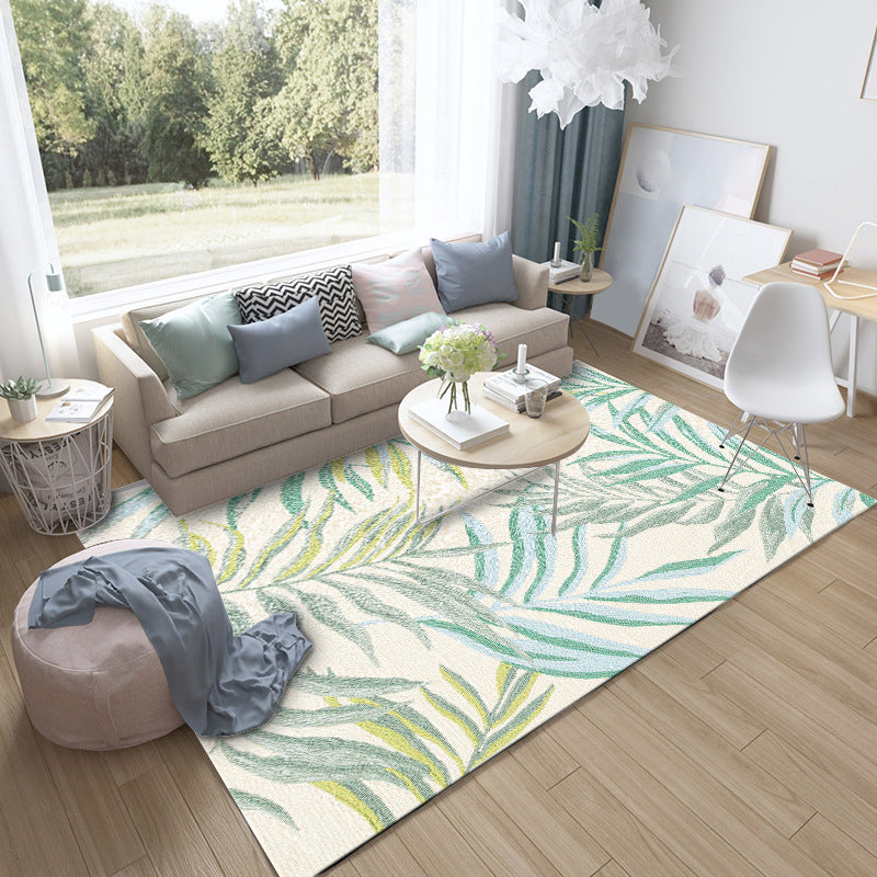 Tropical Botanical Pattern Carpet with Leaf White and Yellow Polyester Carpet Machine Washable Non-Slip Carpet for the Bedroom