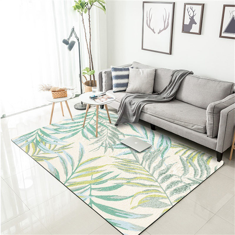 Tropical Botanical Pattern Carpet with Leaf White and Yellow Polyester Carpet Machine Washable Non-Slip Carpet for the Bedroom