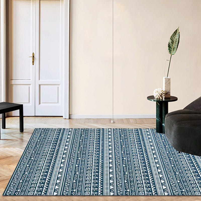 Tribal South-West Rug in Blue Stripes Triangle Greek Key Pattern Rug Polyester Non-slip Living Room Rug for Home Decor