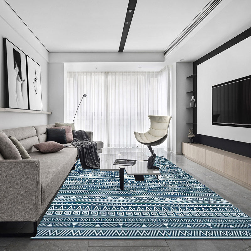 Tribal South-West Rug in Blue Stripes Triangle Greek Key Pattern Rug Polyester Non-slip Living Room Rug for Home Decor