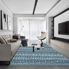 Tribal South-West Rug in Blue Stripes Triangle Greek Key Pattern Rug Polyester Non-slip Living Room Rug for Home Decor
