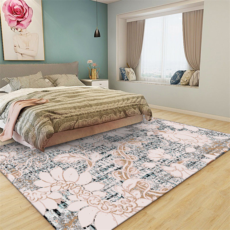 Washed white floral patterned carpet with leaf pink shabby chic carpet washable polyester non-slip backing doormat for bedroom