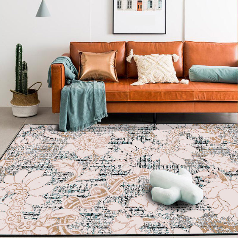 Washed white floral patterned carpet with leaf pink shabby chic carpet washable polyester non-slip backing doormat for bedroom