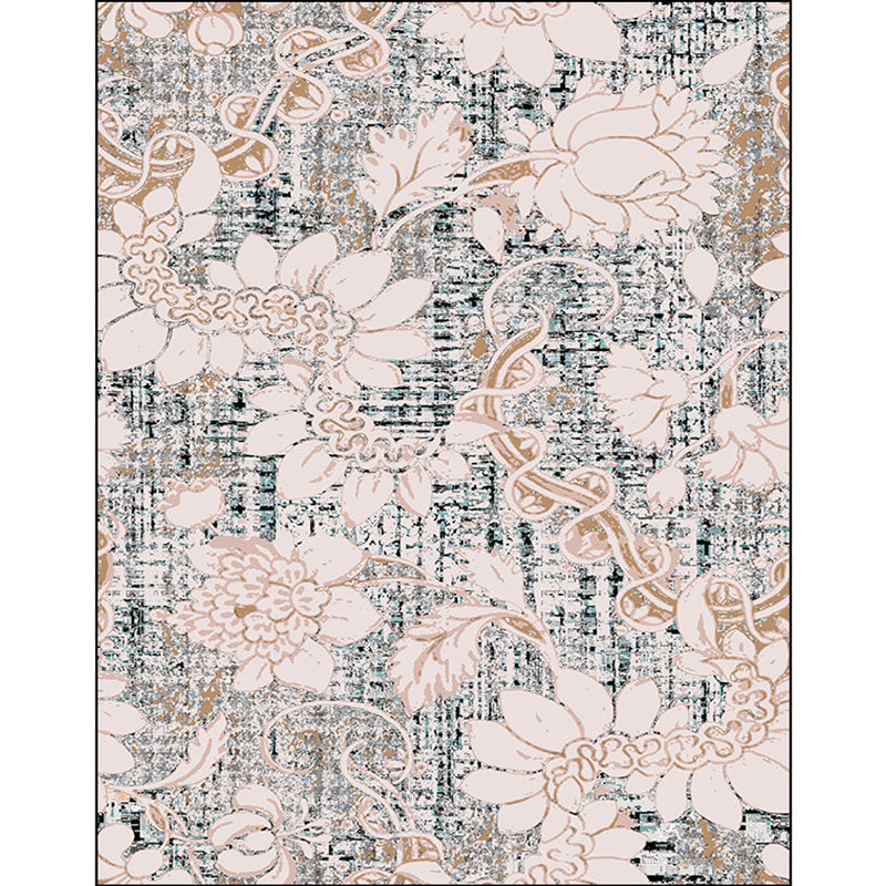 Washed white floral patterned carpet with leaf pink shabby chic carpet washable polyester non-slip backing doormat for bedroom