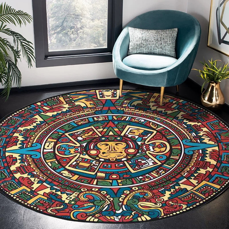 Southwestern Living Room Rug in Red Tribal Animal Circle Print Rug Polyester Non-Slip Back Washable Floor Covering