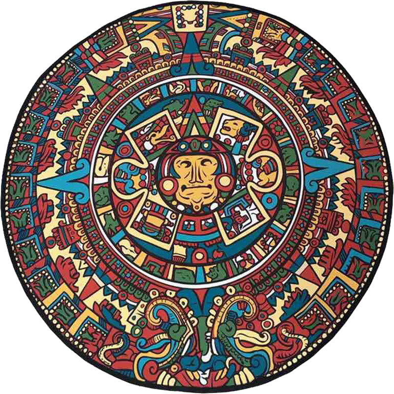 Southwestern Living Room Rug in Red Tribal Animal Circle Print Rug Polyester Non-Slip Back Washable Floor Covering
