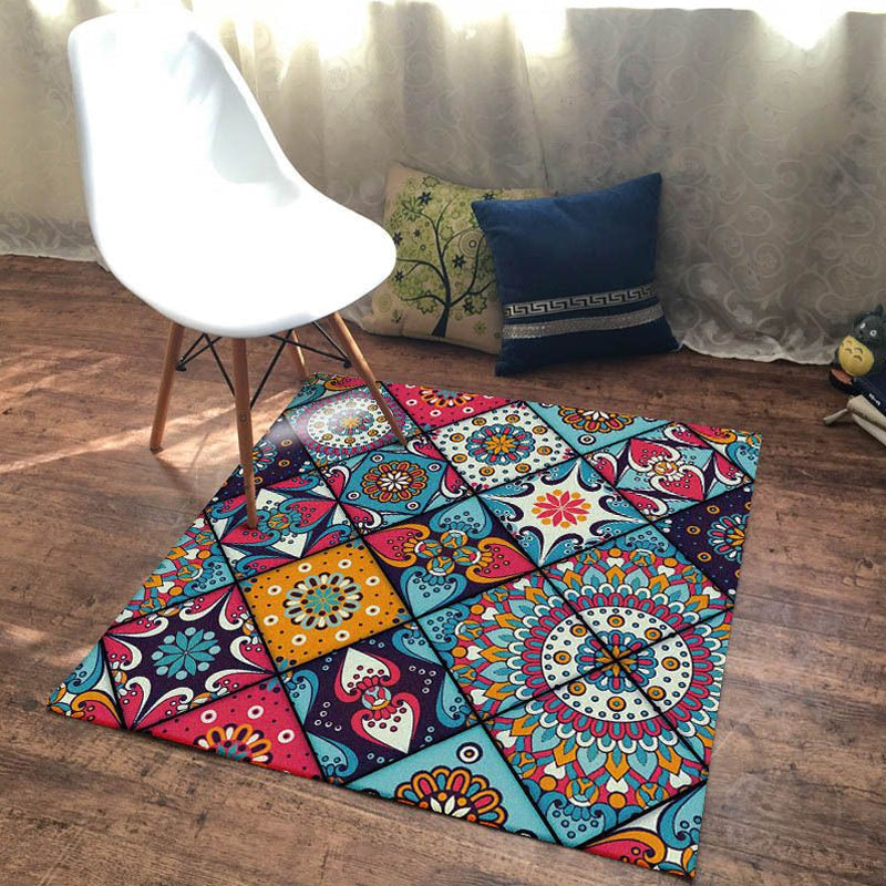 Moroccan Living Room Rug Colorful Flowers Diamond Circle Print Rug Polyester Non-Slip Washable Area Rug
