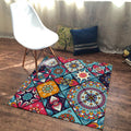 Moroccan Living Room Rug Colorful Flowers Diamond Circle Print Rug Polyester Non-Slip Washable Area Rug
