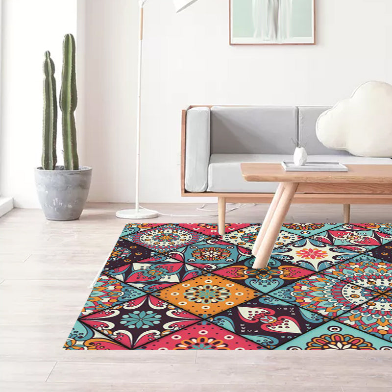 Moroccan Living Room Rug Colorful Flowers Diamond Circle Print Rug Polyester Non-Slip Washable Area Rug