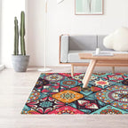 Moroccan Living Room Rug Colorful Flowers Diamond Circle Print Rug Polyester Non-Slip Washable Area Rug