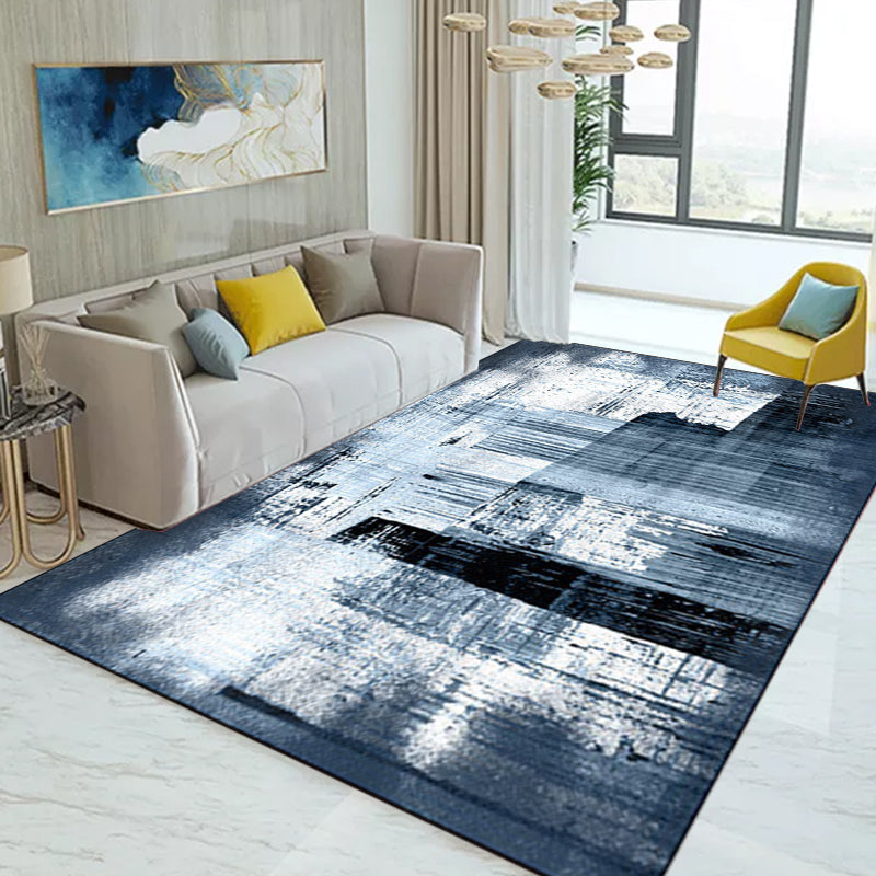 Modern living room rug in blue and white with abstract painting print rug polyester washable area rug