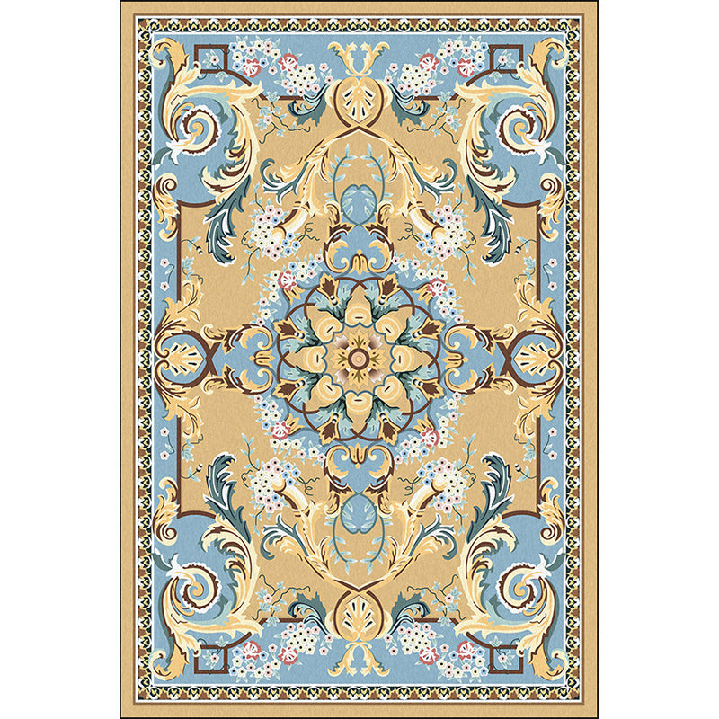 Mediterranean Moroccan Carpet in Brown Floral Pattern Carpet Polyester Non-Slip Washable Living Room Carpet for Home Decor