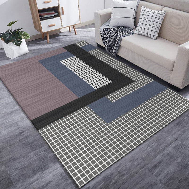 Gray and Purple Bedroom Rug Modern Color Block Small Checkered Pattern Rug Polyester Pet Friendly Rug