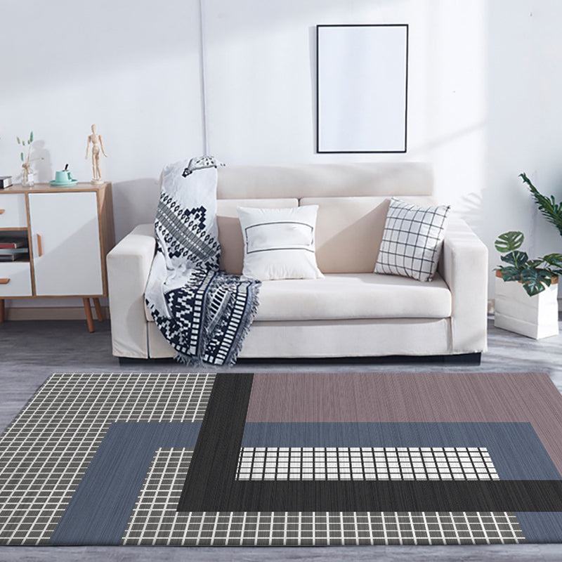 Gray and Purple Bedroom Rug Modern Color Block Small Checkered Pattern Rug Polyester Pet Friendly Rug