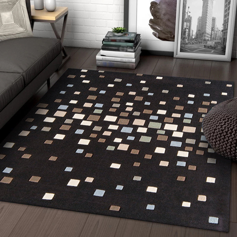 Black Bedroom Rug New Plaid Pattern Rug Polyester Non-Slip Backing Pet-Friendly Rug