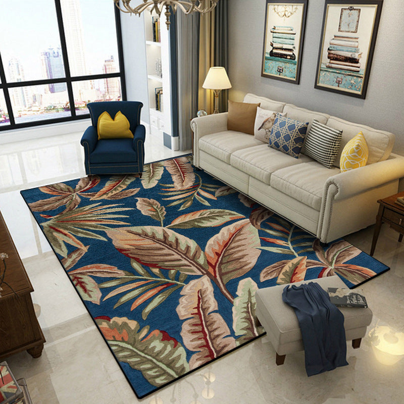 Blue Tropical Carpet Polyester Leaf Print Carpet Washable Non-Slip Back Carpet for Living Room