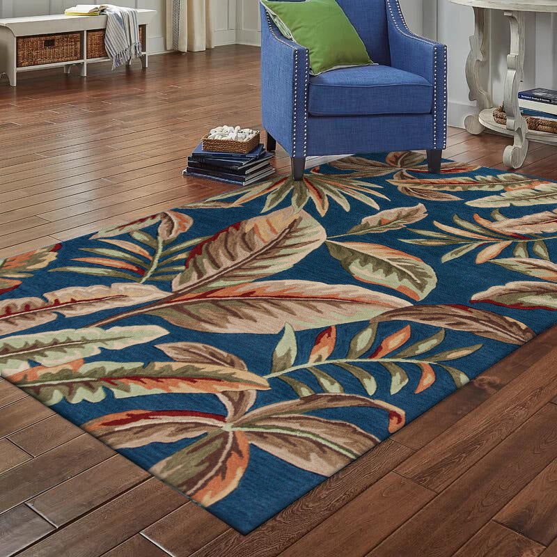 Blue Tropical Carpet Polyester Leaf Print Carpet Washable Non-Slip Back Carpet for Living Room